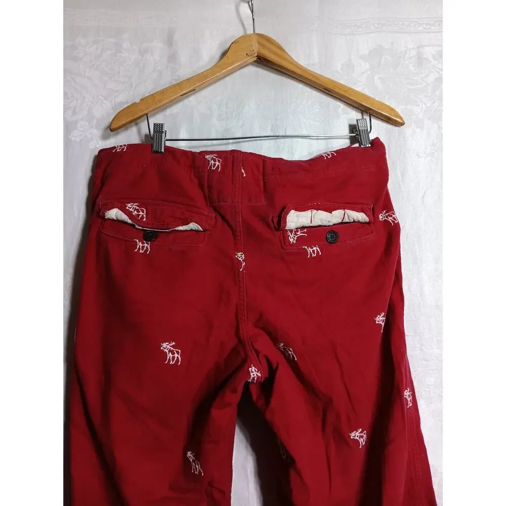 Abercrombie Fitch Vintage Pants Small Red AOP Embroidered Moose Wide Leg Lounge - Picture 13 of 16